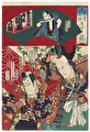 Ichikawa Sadanji I as Hanemasu Yukichi (above), Bando Hikosaburo V as Okubo Hikozaemon, and Nakamura Shikan IV as Abe Bungo no kami by Kunichika (1835 - 1900)