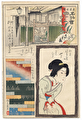 Restaurant, Beauty in a Green Kimono, and Horikiri Iris Textile Pattern by Kunichika (1835 - 1900)