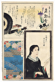 Umbrellas and Footwear, Actress Kumehachi Morizumi, and Niju Bridge Textile Pattern by Kunichika (1835 - 1900)